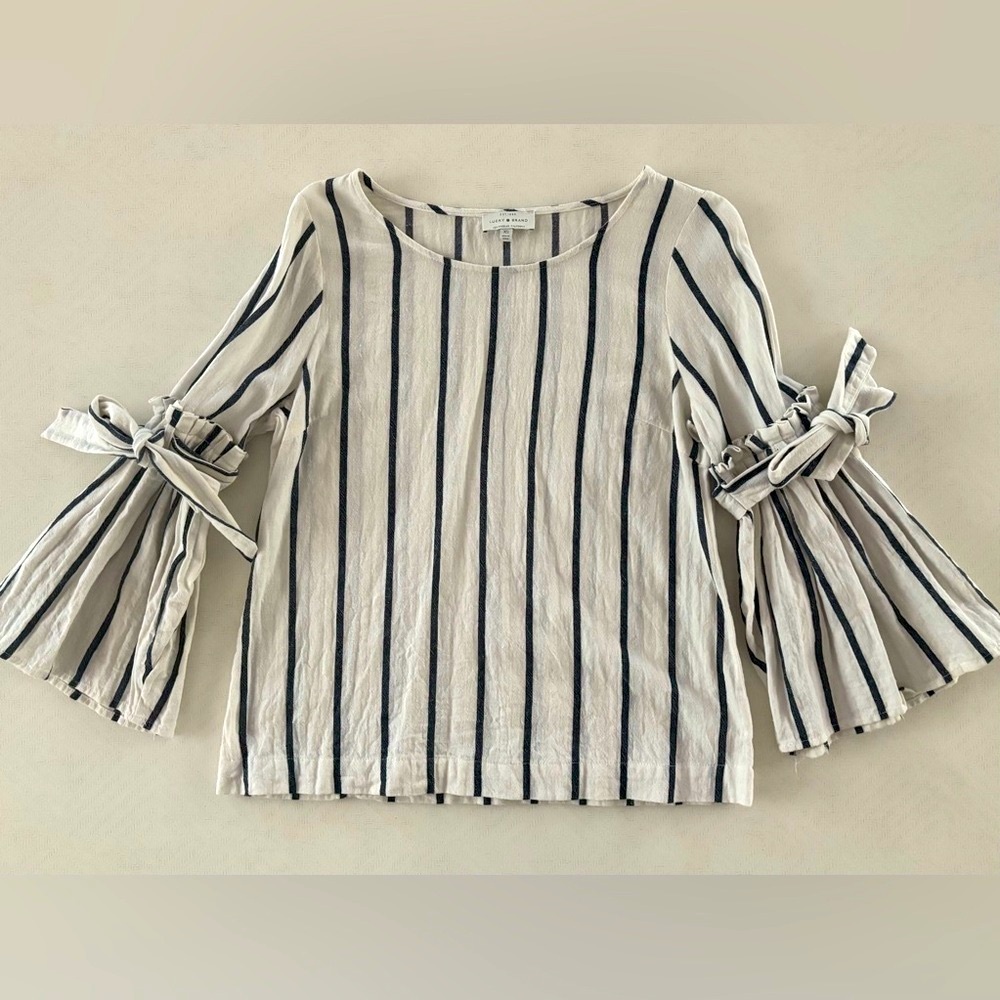 Lucky Brand Navy and White Striped Blouse with Bow Sleeves
